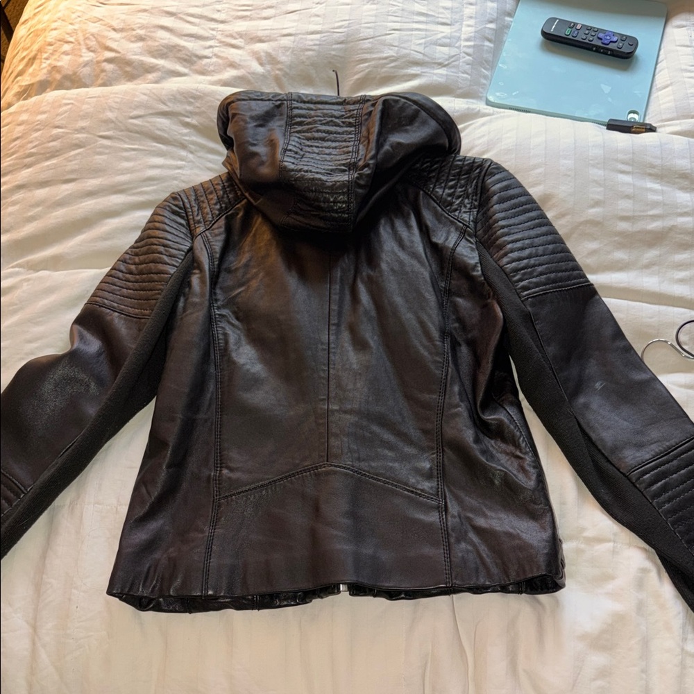 MICHAEL Michael Kors Black Hooded Leather Moto Jacket - Picture 2 of 6